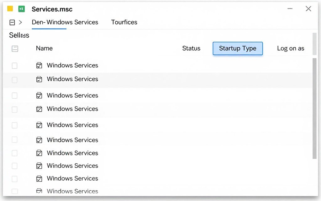 Windows services management console with detailed service properties