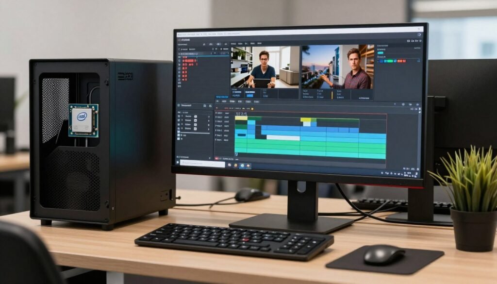 Workstation setup with Intel processor showing video editing timeline in Adobe Premiere Pro