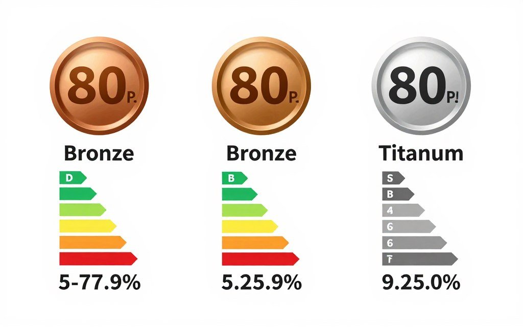 80 Plus certification badges from Bronze to Titanium showing efficiency ratings