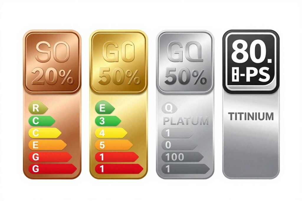 80 Plus certification badges showing Bronze, Gold, Platinum, and Titanium efficiency ratings
