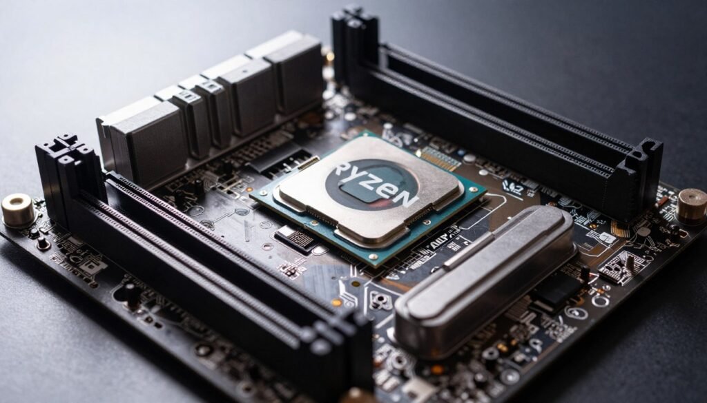 AMD AM5 platform motherboard with Ryzen processor installed