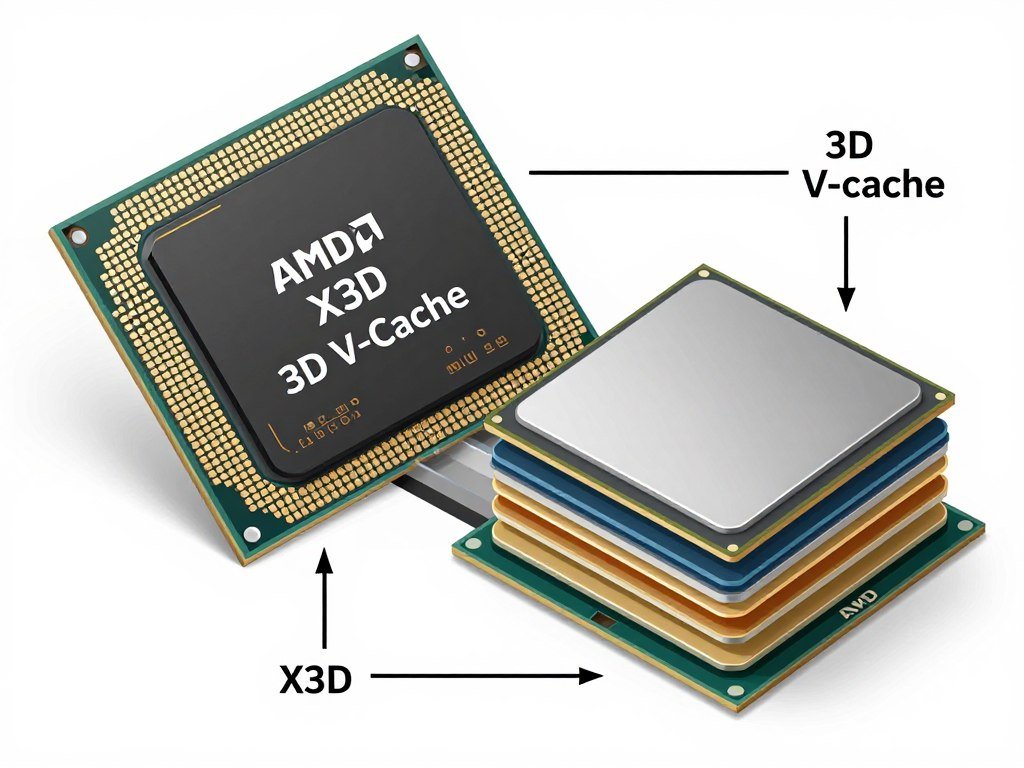 AMD X3D chip diagram showing 3D V-Cache stacking technology compared to standard chip design