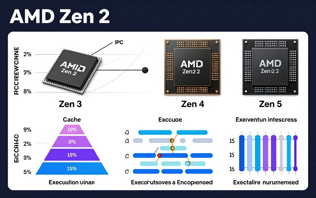 AMD Zen architecture diagram showing IPC performance improvements across generations
