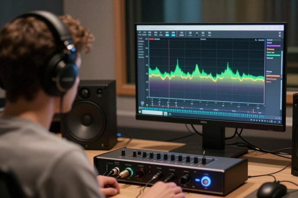 Audio engineer wearing headphones using direct monitoring feature on audio interface with visible zero-latency indicator
