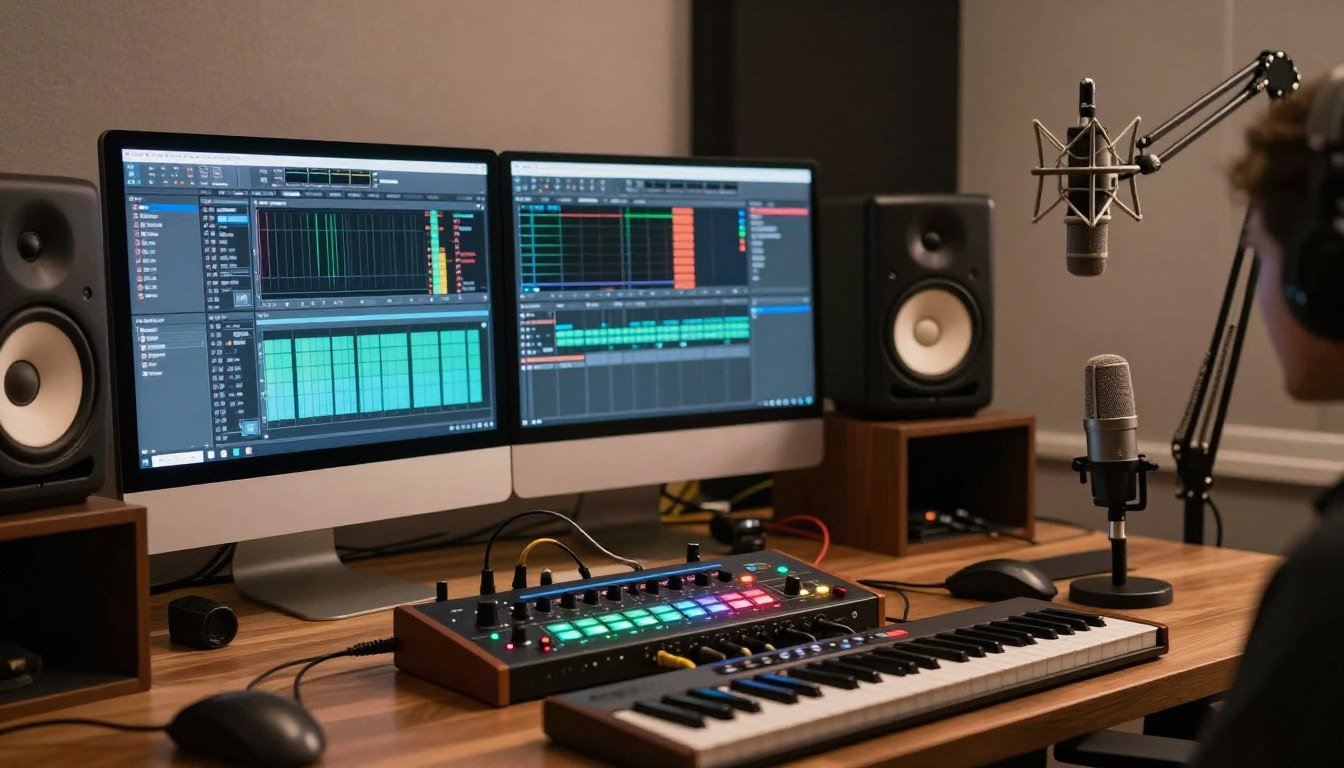 Audio production studio setup with dedicated audio interface and computer showing CPU usage monitoring software