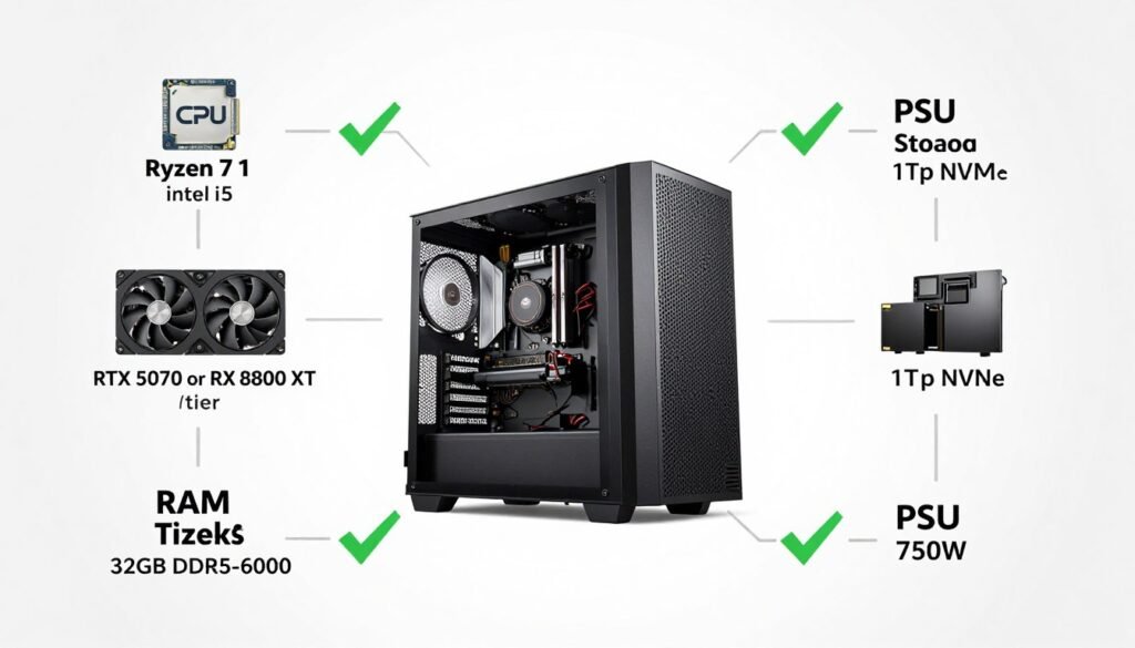 Balanced PC build diagram showing properly matched CPU GPU and RAM components for competitive gaming Balanced PC build diagram showing properly matched CPU GPU and RAM components for competitive gaming