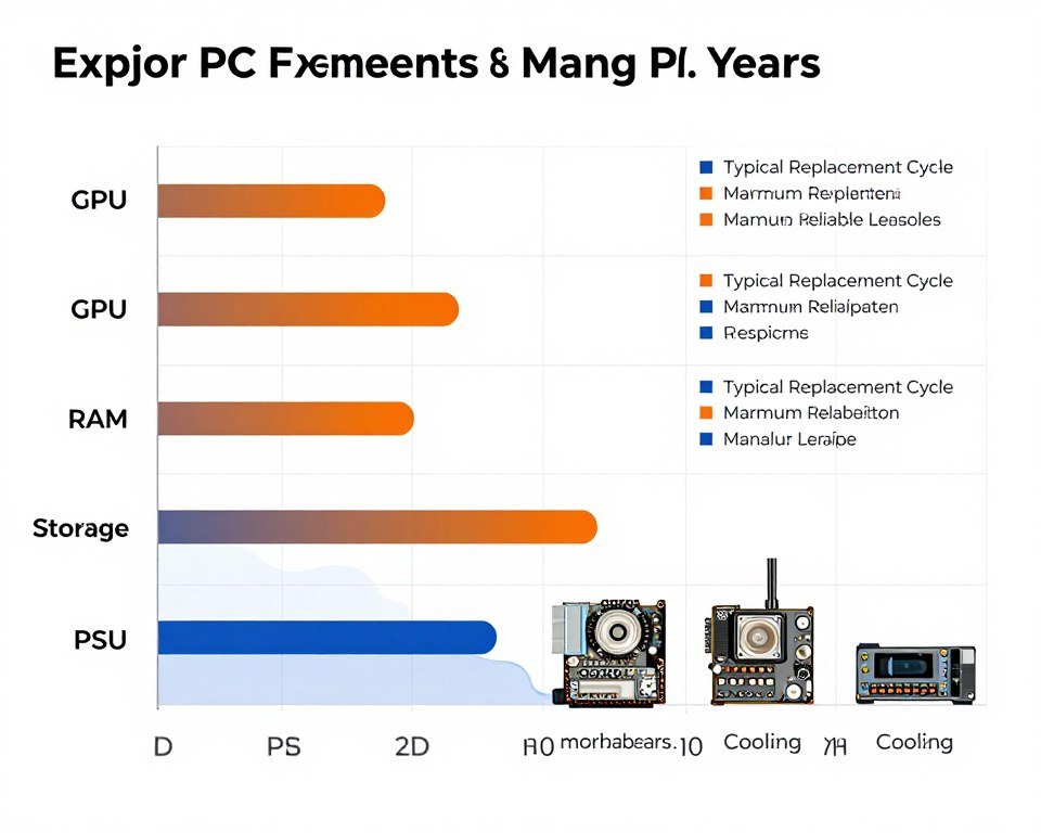 Bar chart comparing expected lifespan in years for different PC components with reliability curves Bar chart comparing expected lifespan in years for different PC components with reliability curves