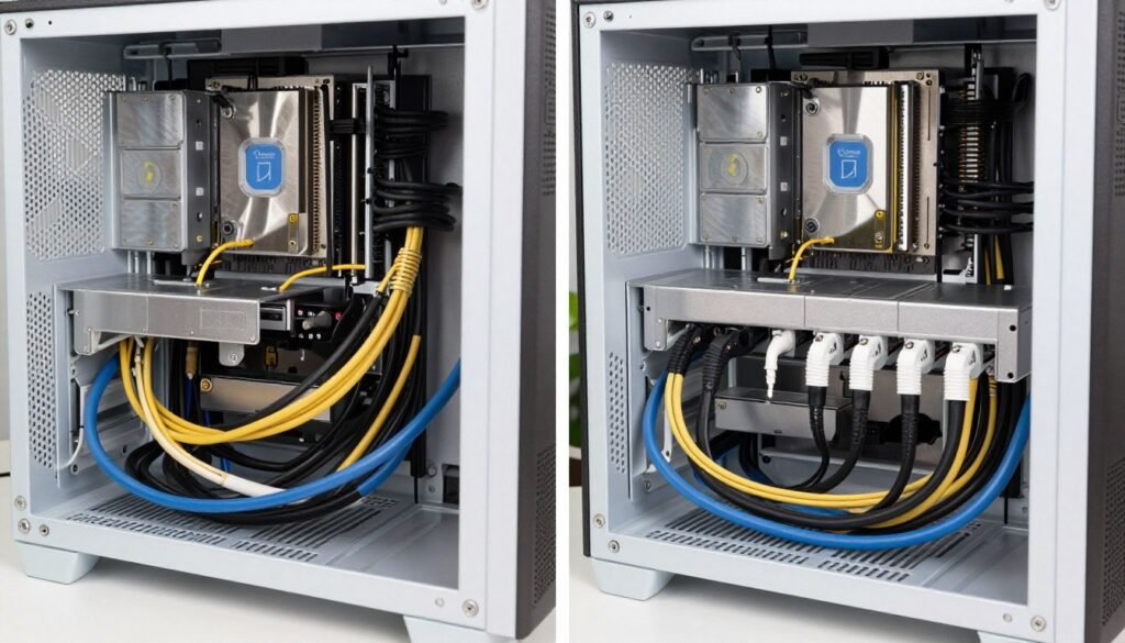 Before and after comparison of white PC build cable management