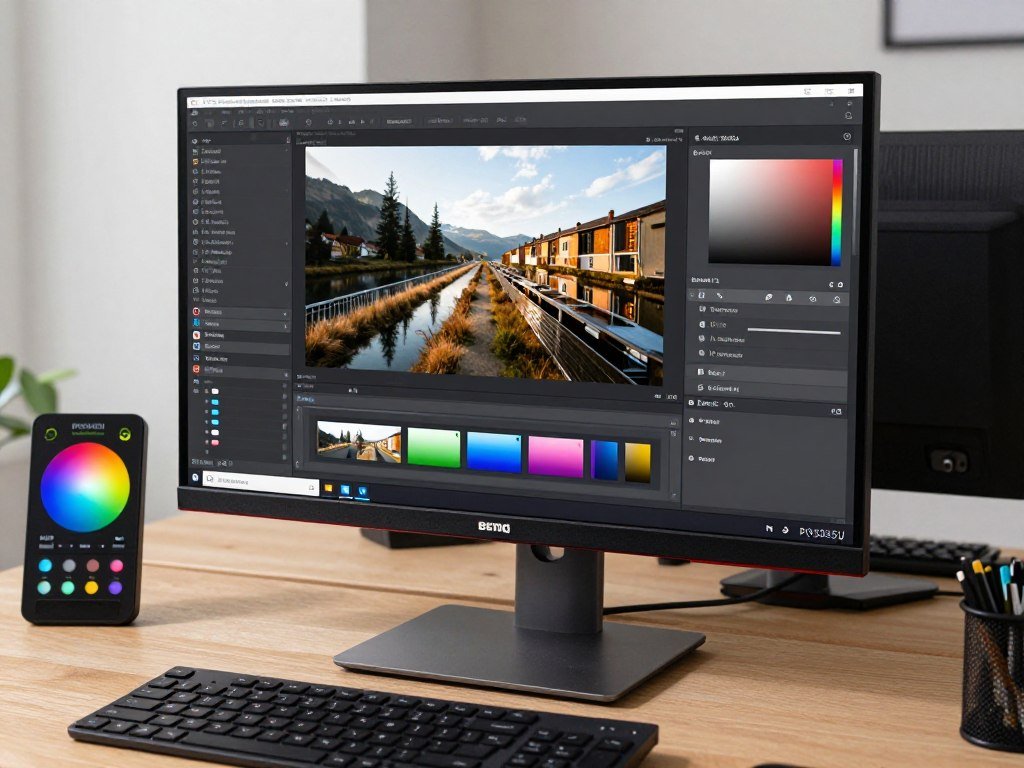 BenQ PD3225U monitor displaying photo editing workspace with accurate colors