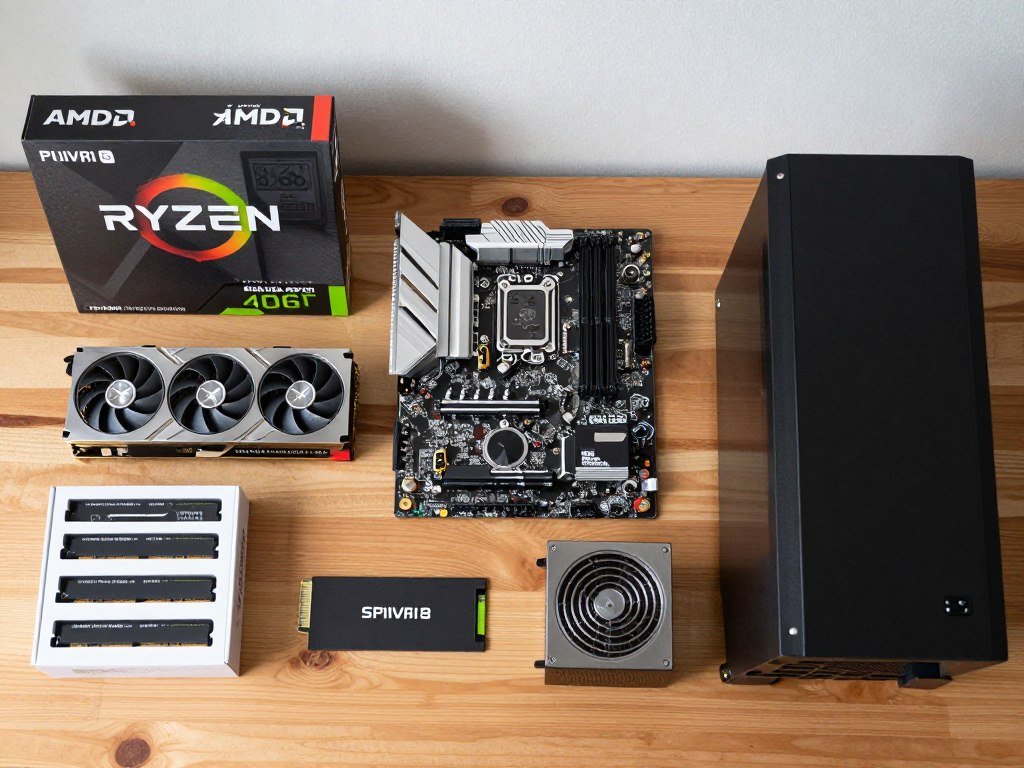Budget gaming PC build components laid out showing Ryzen 5 7600 and RTX 4060 Ti combination
