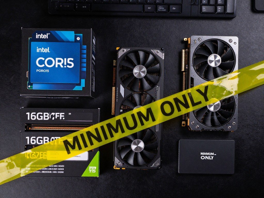 Budget gaming PC components laid out including entry-level GPU, CPU, and RAM with warning labels indicating GTA 6 minimum performance