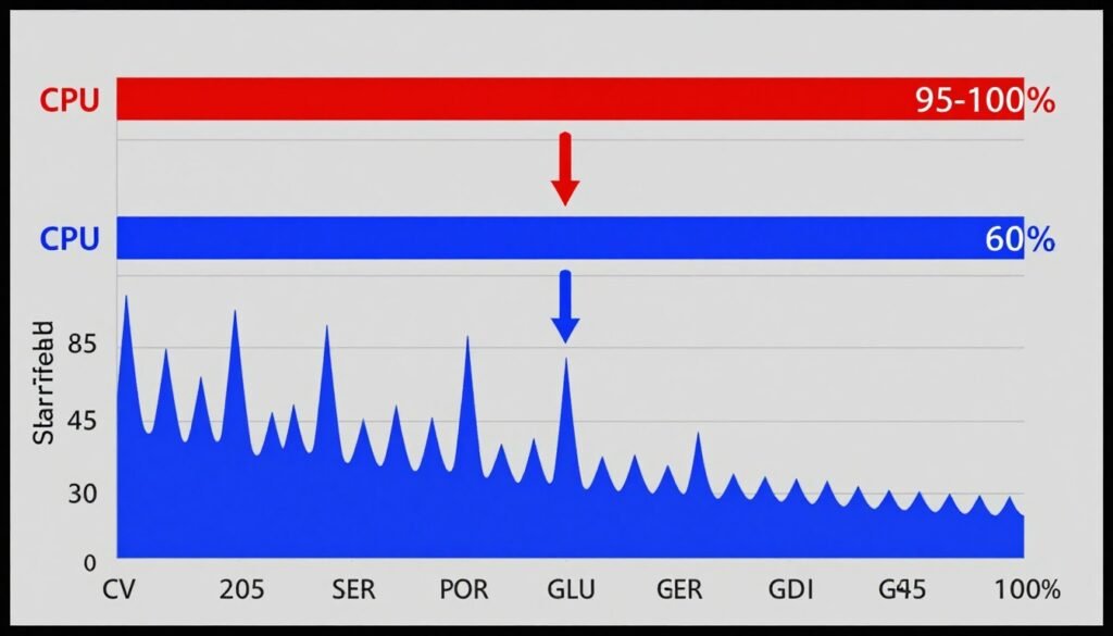 CPU bottleneck visualization in Starfield showing processor usage vs GPU usage