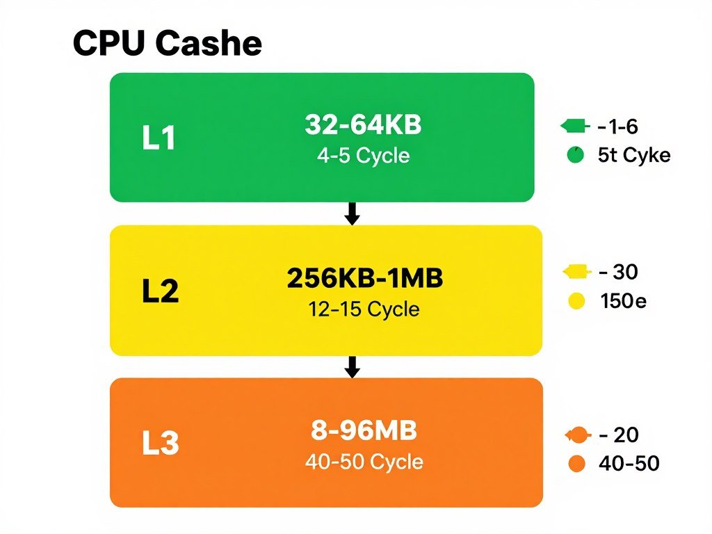 CPU cache hierarchy diagram showing L1 L2 L3 cache sizes and latency measurements