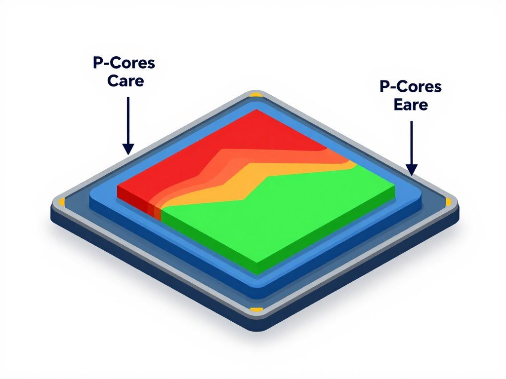 CPU core scheduling showing P-cores and E-cores workload distribution
