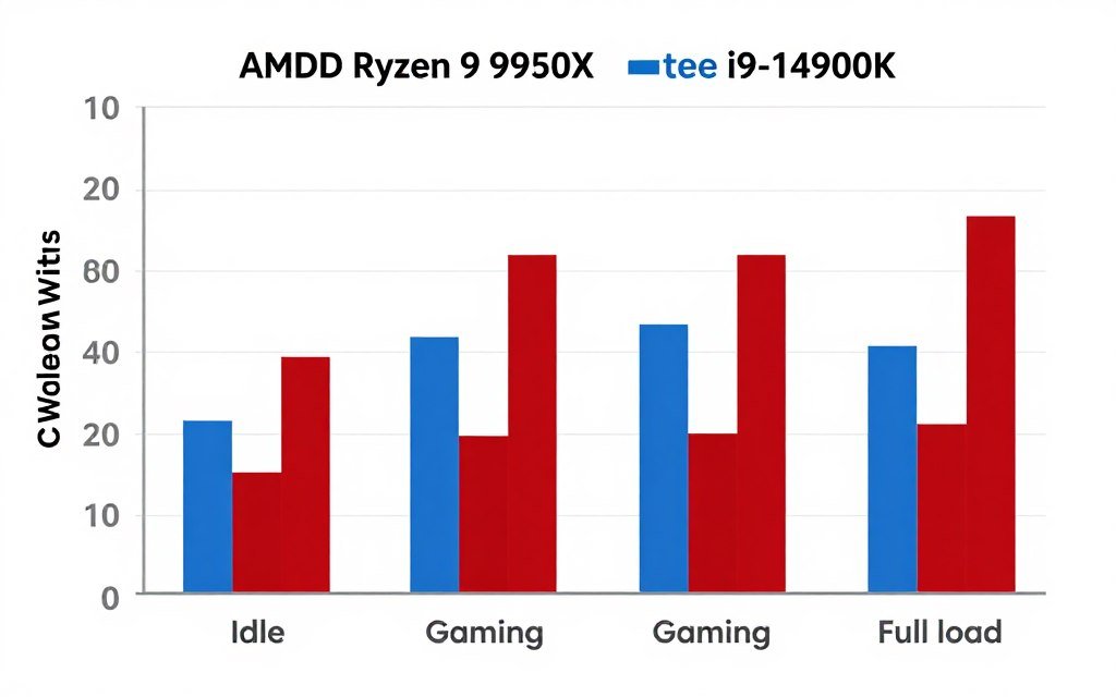 CPU power consumption comparison chart showing Ryzen 9000 and Intel 14th gen processors