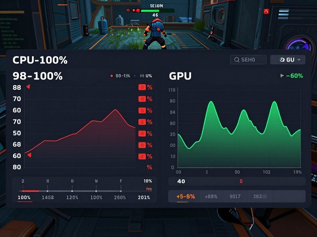 CPU usage graph showing 100% utilization while GPU sits idle during competitive esports match CPU usage graph showing 100% utilization while GPU sits idle during competitive esports match