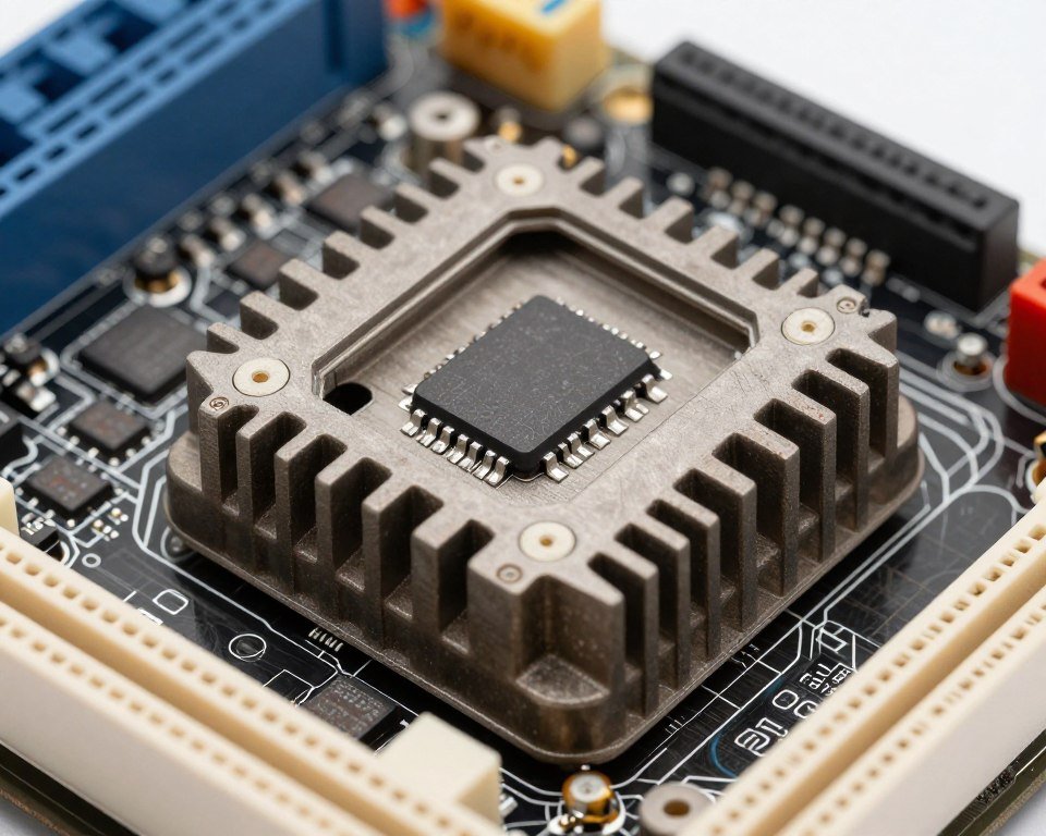 Close-up of motherboard VRM heatsink with thermal pads showing MOSFET cooling solution preventing motherboard bottleneck