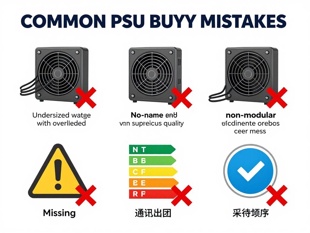 Common PSU buying mistakes illustrated with warning symbols and crossed out bad practices