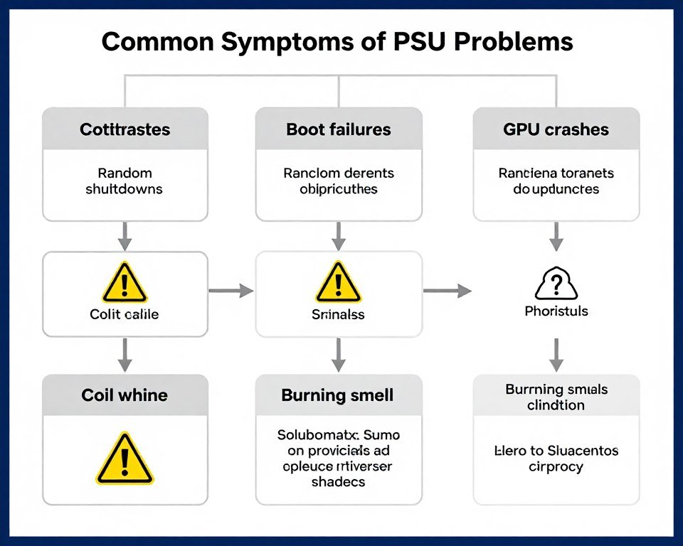 Common PSU failure symptoms illustrated with diagnostic flowchart