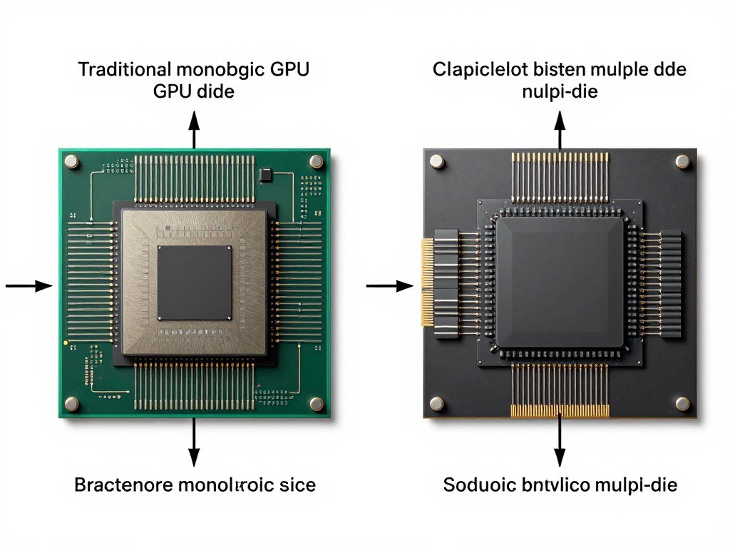 Comparison between monolithic GPU die and chiplet-based multi-die GPU design