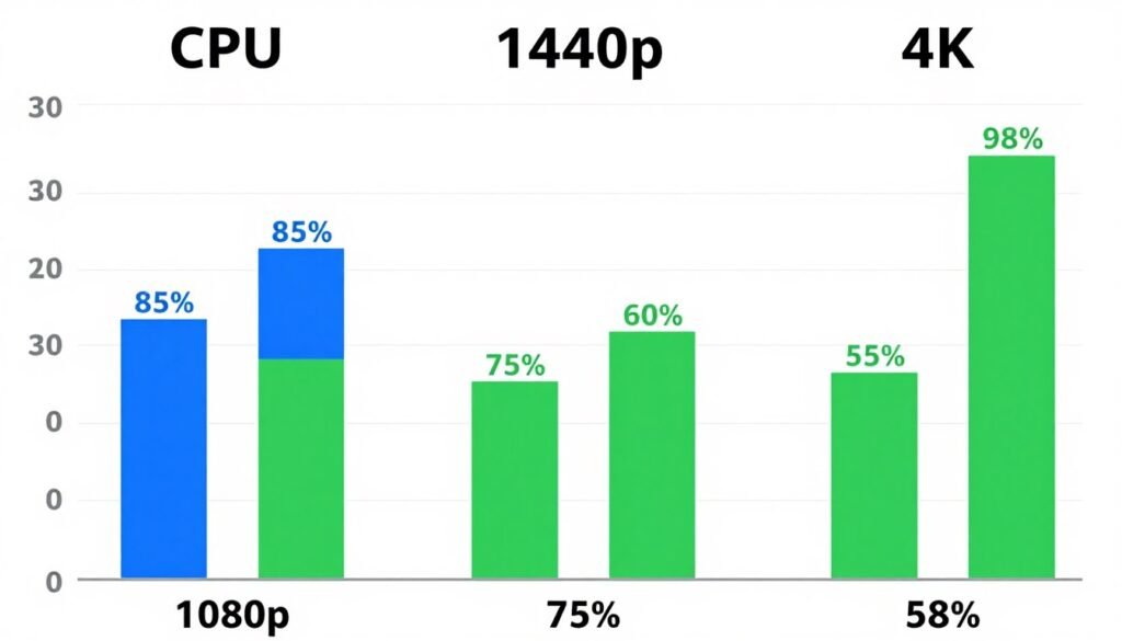 Comparison chart showing CPU vs GPU load at different resolutions in competitive gaming Comparison chart showing CPU vs GPU load at different resolutions in competitive gaming