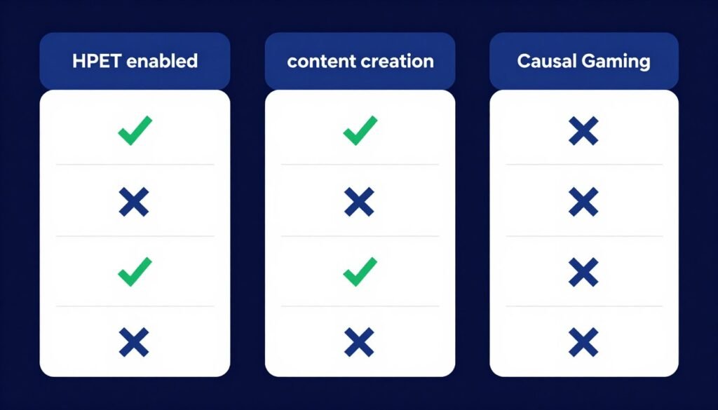 Comparison chart showing HPET optimization benefits across different PC usage types
