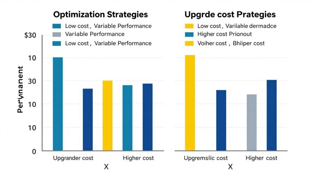 Comparison chart showing cost versus performance improvement for optimization versus upgrade strategies Comparison chart showing cost versus performance improvement for optimization versus upgrade strategies