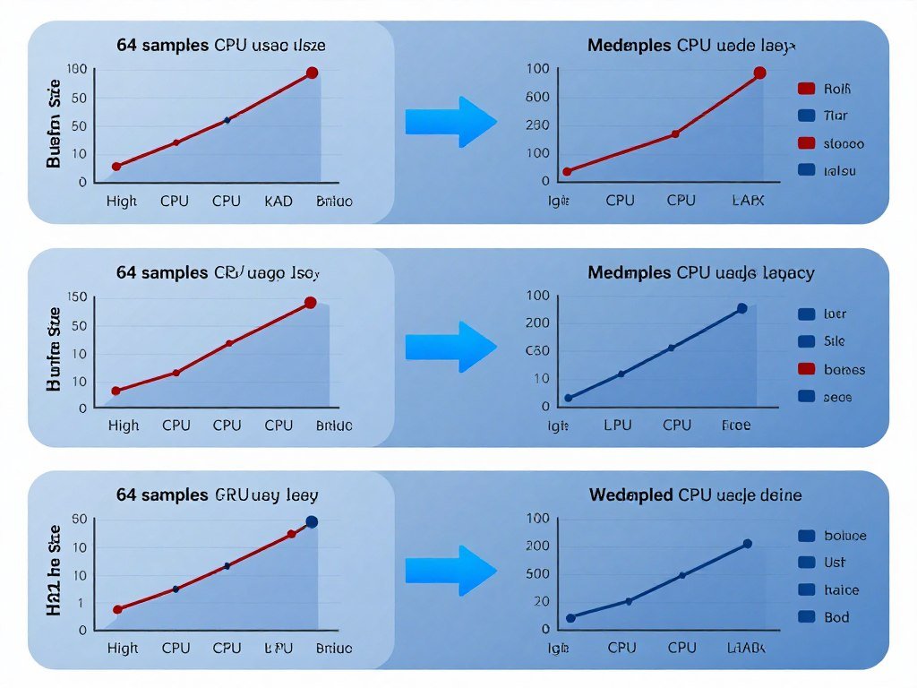 Comparison diagram showing different audio buffer sizes and their impact on CPU usage and latency