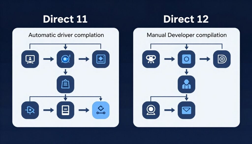 Comparison of DirectX 11 driver-controlled vs DirectX 12 developer-controlled shader compilation approaches Comparison of DirectX 11 driver-controlled vs DirectX 12 developer-controlled shader compilation approaches