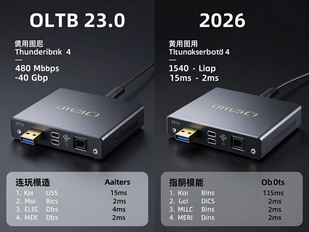 Comparison of old USB 2.0 audio interface versus new Thunderbolt 4 interface showing bandwidth and latency differences