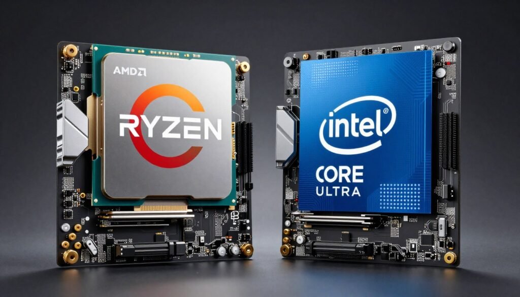 Comparison photo of AMD Ryzen 9000 series processor next to Intel Core Ultra processor on motherboard