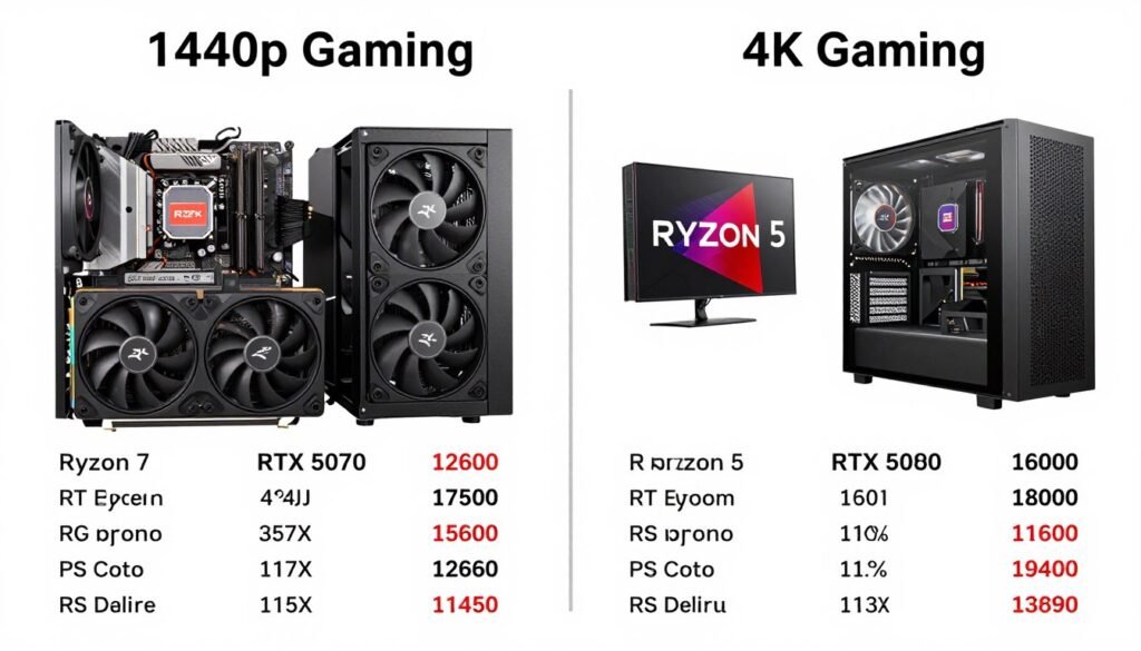 Comparison showing optimal PC builds for 1440p vs 4K GTA 6 gaming with different component priorities