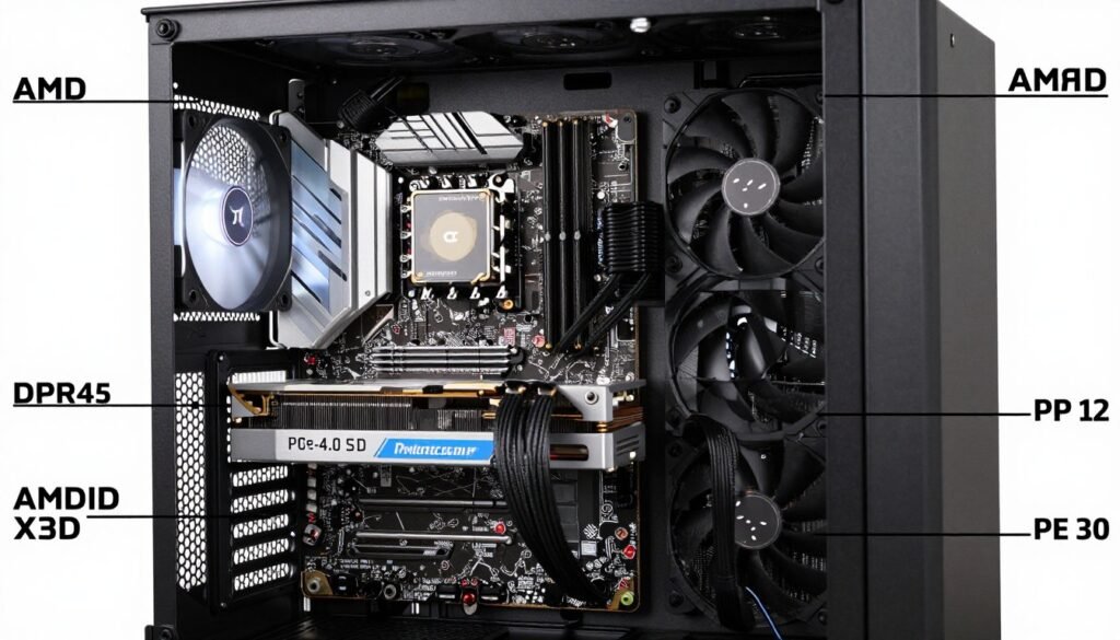 Complete AMD X3D gaming system build with labeled components