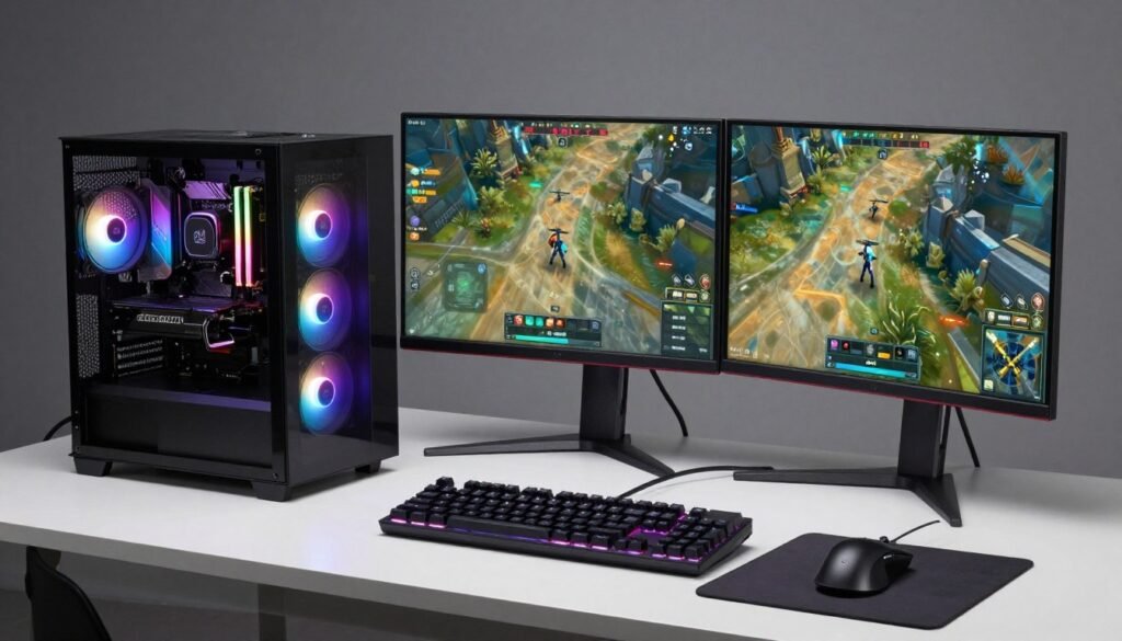 Complete gaming PC setup showing balanced system components working together for competitive esports Complete gaming PC setup showing balanced system components working together for competitive esports