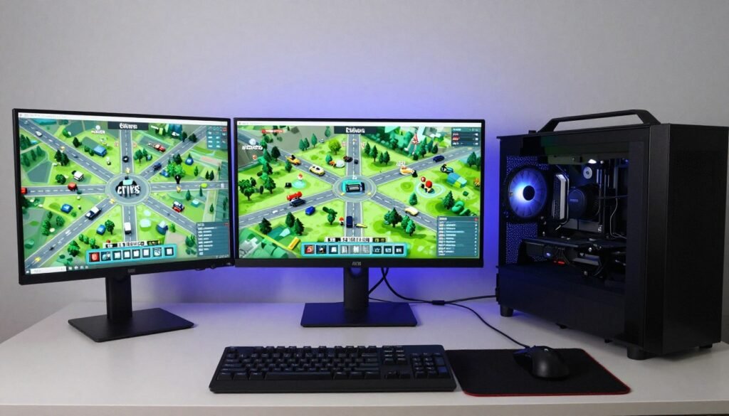 Complete gaming setup optimized for simulation CPU demand with performance monitoring