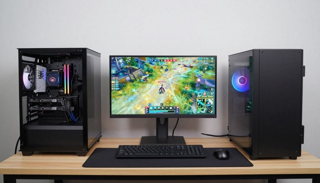 Complete gaming setup showing balanced PC build with appropriately matched monitor for intended use