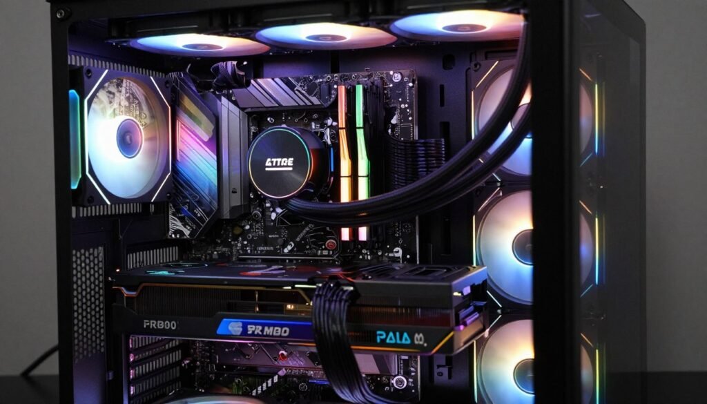 Complete modern gaming PC build showing all components