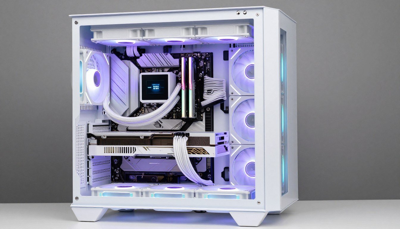 Complete white PC build with RGB lighting and modern components