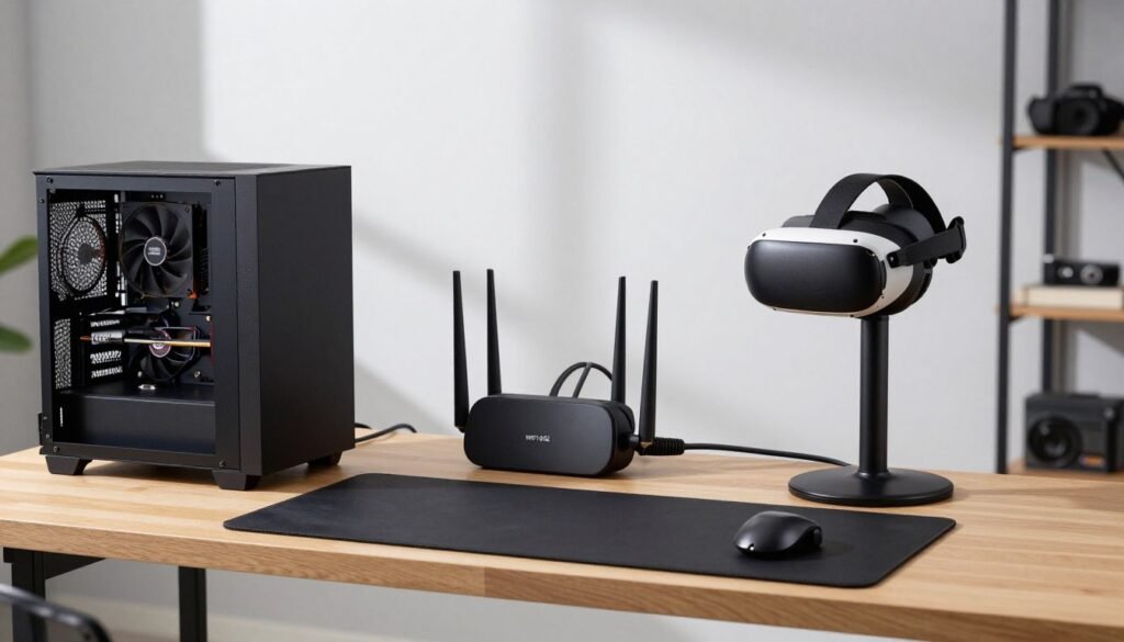 Complete wireless VR gaming setup with labeled components Complete wireless VR gaming setup with labeled components