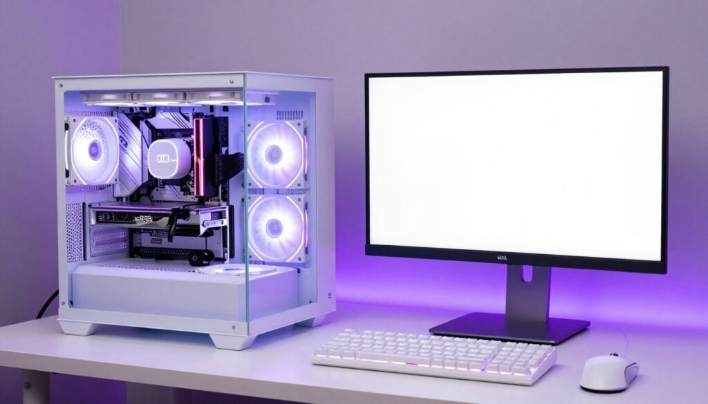Completed white gaming PC setup on desk with peripherals