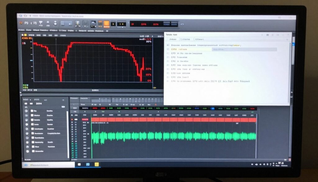 Computer screen showing DAW session with CPU usage meter at maximum and multiple resource-intensive plugins loaded