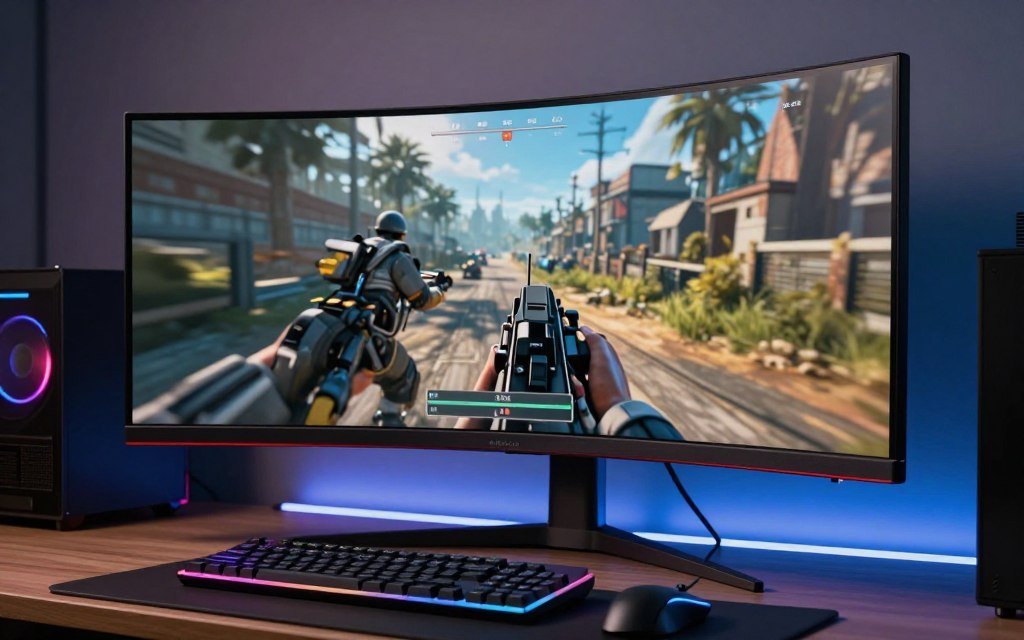 Curved ultrawide gaming monitor showing immersive gaming experience
