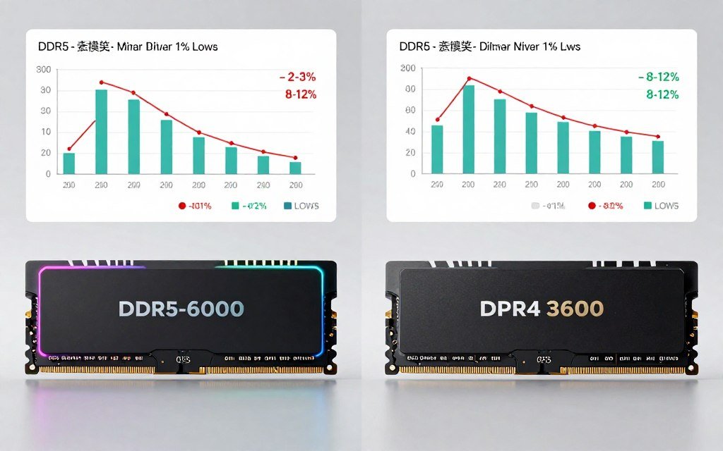 DDR5 vs DDR4 RAM performance comparison for gaming showing minimal FPS difference but better 1% lows