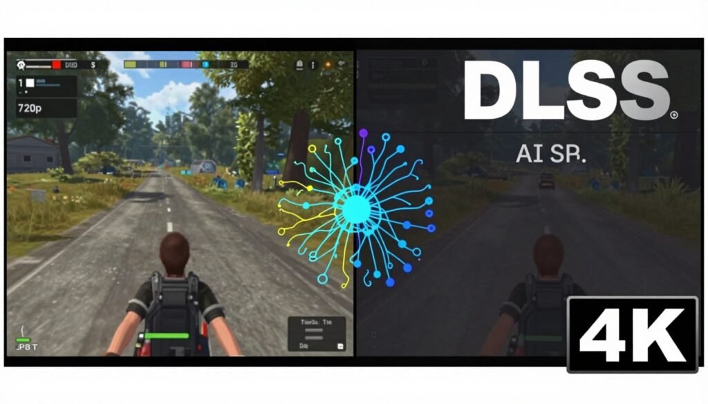 DLSS neural network upscaling process showing low resolution input to high resolution output