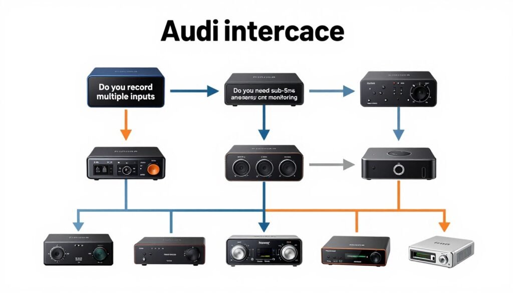 Decision flowchart showing when dedicated audio interface purchase makes sense based on specific production needs
