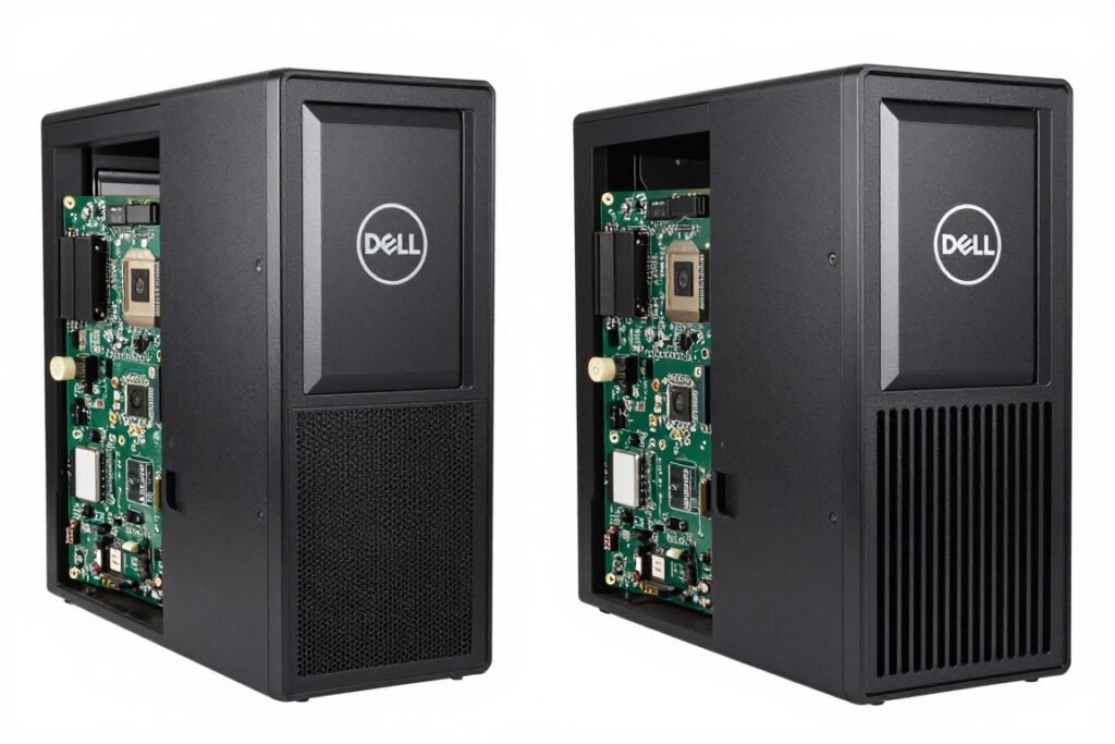 Dell Optiplex and HP Pavilion systems showing proprietary component design