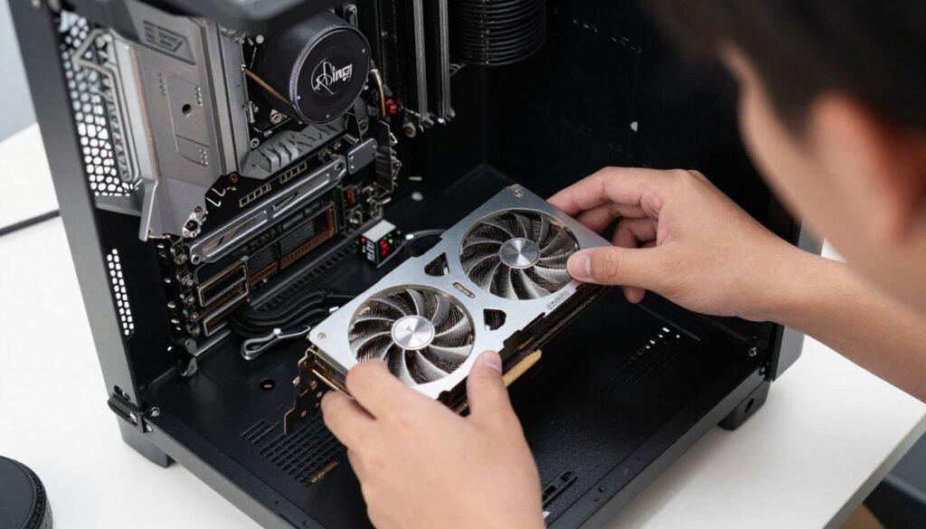 Desktop PC open case showing modular components being upgraded by hand
