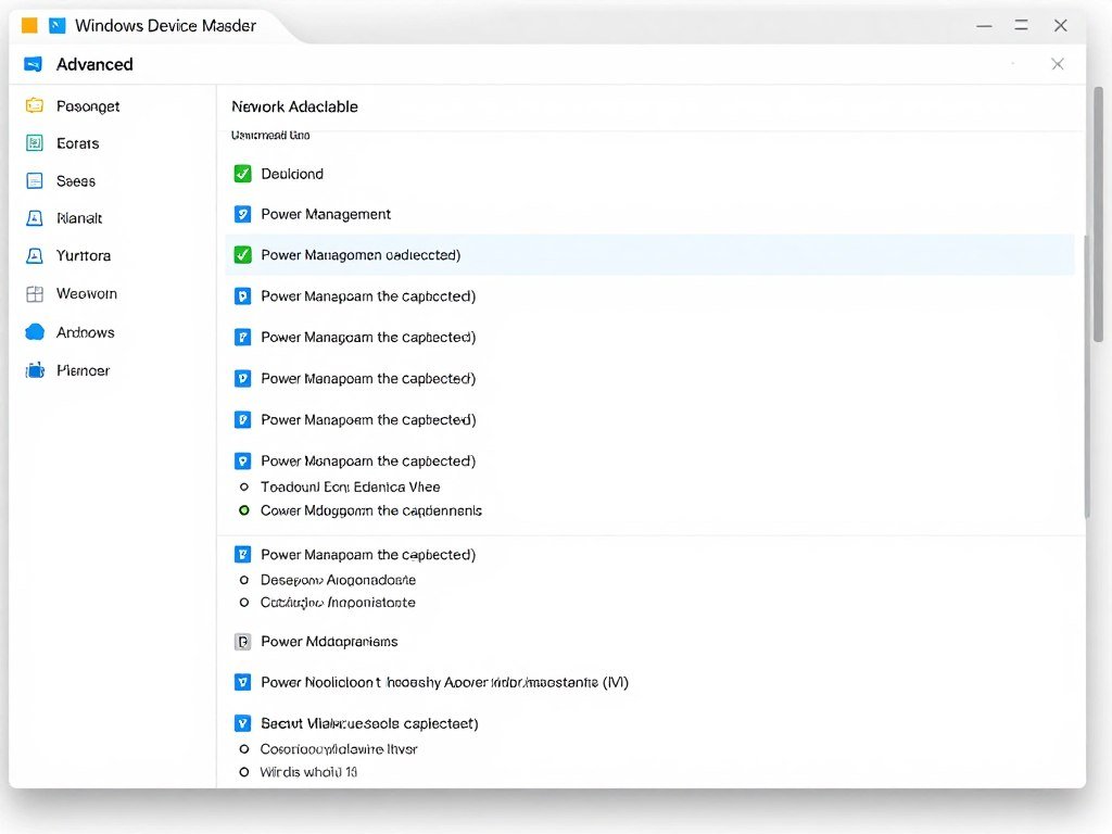Device Manager window showing network adapter properties and power management settings for DPC latency optimization Device Manager window showing network adapter properties and power management settings for DPC latency optimization