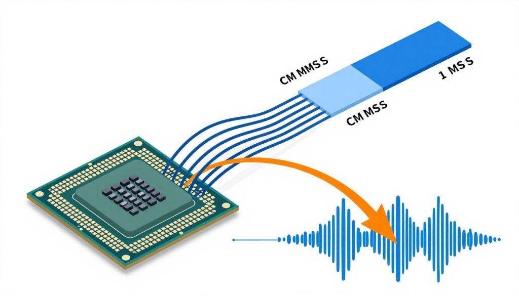 Diagram showing CPU processing audio data with bottleneck illustration using funnel metaphor