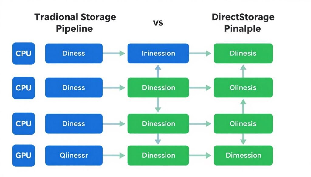 Diagram showing DirectStorage data path versus traditional storage loading in gaming
